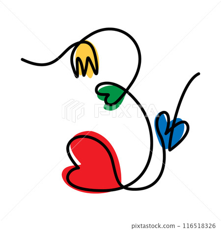 Number 3 with hearts and flowers hand drawn Decorative one continuous line. Line Art design concept 116518326