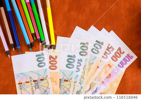 Preparation for school requires Czech koruna to purchase expensive school supplies in anticipation of new school year. Preparation for school requires Czech koruna to purchase expensive school supplies in anticipation of new school year. 116518846