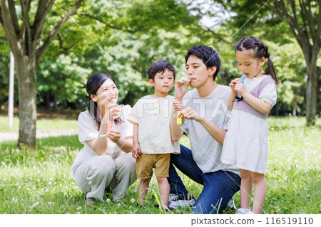 Fun time playing with soap bubbles with the family 116519110