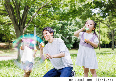 Parents and children playing with soap bubbles in a park with fresh greenery 116519353