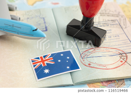 Bangkok, Thailand, March 1, 2024 Australia flag with approved Stamp visa and passport document to immigration at airport in country. 116519466