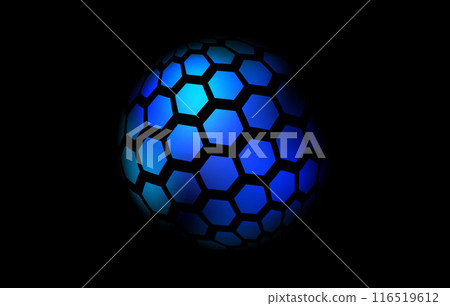 Blue neon hexagon pattern sphere. 3d halftone hemisphere concept. Grid globe futuristic element. Round shape for tech poster, banner, cover, emblem, booklet, leaflet. Vector illustration 116519612