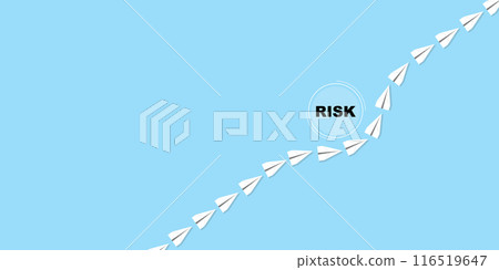 White paper plane flies through risk barriers to reach target, Risk avoidance in business concept, Reduction and management, Risk management, light blue background. 116519647