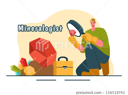 Vector Illustration of a Mineralogist with Natural Stone and Mineral Structures for Jewelry or Chemical Reactions in a Flat Style Cartoon Background 116519741