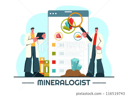 Vector Illustration of a Mineralogist with Natural Stone and Mineral Structures for Jewelry or Chemical Reactions in a Flat Style Cartoon Background 116519743