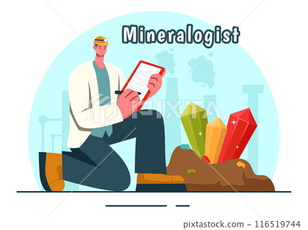 Vector Illustration of a Mineralogist with Natural Stone and Mineral Structures for Jewelry or Chemical Reactions in a Flat Style Cartoon Background 116519744