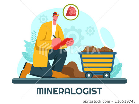 Vector Illustration of a Mineralogist with Natural Stone and Mineral Structures for Jewelry or Chemical Reactions in a Flat Style Cartoon Background 116519745