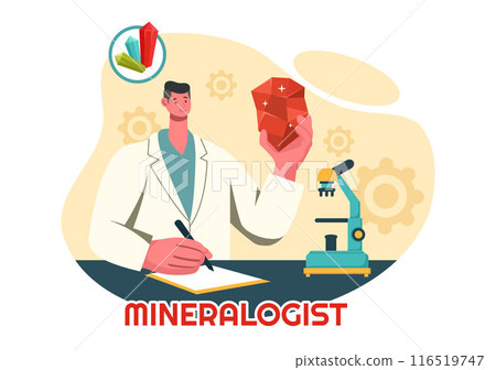 Vector Illustration of a Mineralogist with Natural Stone and Mineral Structures for Jewelry or Chemical Reactions in a Flat Style Cartoon Background 116519747