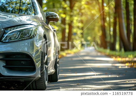 Sunset the headlights approaching car on highway Close up view from road level wheel of the car 116519778