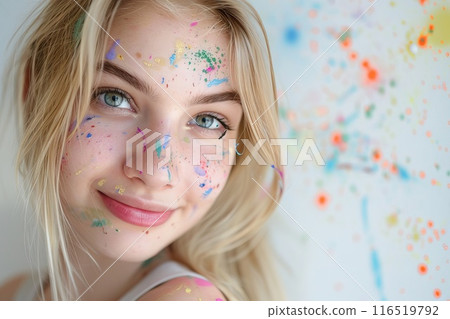 Portrait shot of pretty charming blond caucasian girl colorful paints on her face Generative AI 116519792