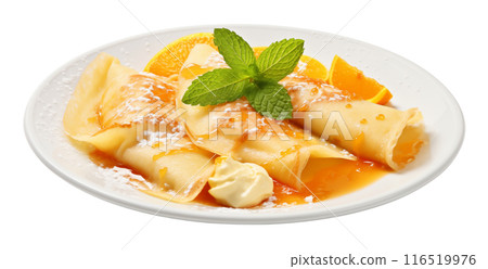 Savor the indulgent allure of Crepes Suzette, a symphony of thin pancakes bathed in a luscious, citrus-infused sauce, bringing a taste of French culinary sophistication to your palate. AI Generated 116519976