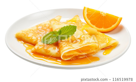 Mouthwatering delight of Crepes Suzette, a culinary masterpiece that promises a burst of fresh and flavorful goodness with every bite. AI Generated 116519978