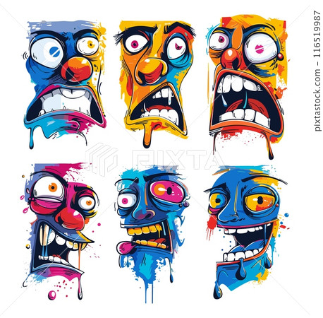 Amusing abstract faces cartoon vector set. Swollen eyes heads grimaces smile surreal contemporary comically exaggerated expressions avatars emotions feelings characters isolated illustrations 116519987