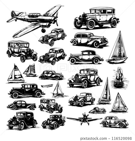 Vintage transport aircraft car sailing boat, pencil sketch vector set. Retro vehicles four wheeled flying transport, floating yachts passenger machines. Black color illustrations isolated on white 116520098