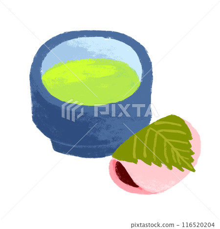 Japanese sweets and matcha set, crayon touch, illustration 116520204