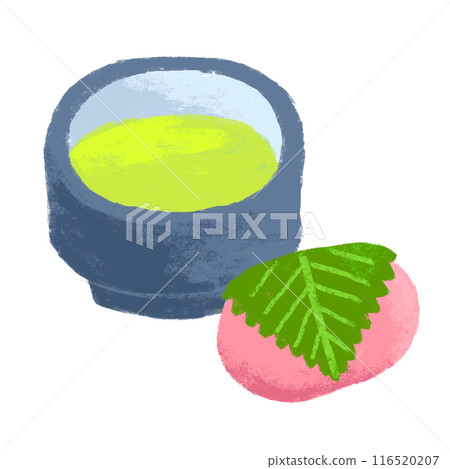 Japanese sweets and matcha set, crayon touch, illustration 116520207