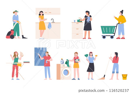 Women cleaning home. Housewives doing housework, washing clean windows cooking and ironing clothes. Householding process splendid vector set Women cleaning home. Housewives doing housework, washing clean windows cooking and ironing clothes. Householding process splendid vector set 116520237