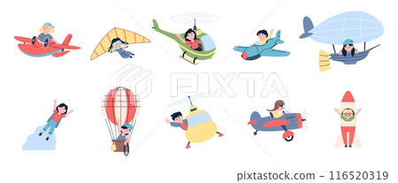 Kids fly in air transport. Children flying on plane helicopter hot air balloon and spaceship. Toddler pilots adventures, recent funny play vector set 116520319