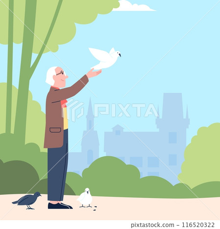 Man released white dove to fly. Fairy tale castle, old person hold pigeon. Feed birds in park or garden, pension time activities and walking, vector scene Man released white dove to fly. Fairy tale castle, old person hold pigeon. Feed birds in park or garden, pension time activities and walking, vector scene 116520322