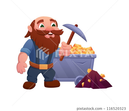 Cartoon man with pickaxe mines precious stones. Miner, gnome gold miner. Trolley with golden bars or jewelry. Funny cave vector character Cartoon man with pickaxe mines precious stones. Miner, gnome gold miner. Trolley with golden bars or jewelry. Funny cave vector character 116520323