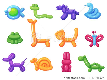 Balloon animals. Children party toys from vibrant helium balloons. Frog snake giraffe butterfly rabbit and fish. Isolated animal shapes, nowaday vector set Balloon animals. Children party toys from vibrant helium balloons. Frog snake giraffe butterfly rabbit and fish. Isolated animal shapes, nowaday vector set 116520324