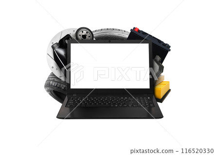 Laptop with blank white screen and car spare parts behind laptop on white background 116520330