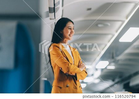Airplane, travel and portrait of woman with journey and backpack. Airplane, travel and portrait of woman with journey and backpack. 116520794
