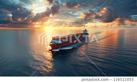 wide view of a loaded container cargo vessel traveling over calm ocean. Generative AI 116521055