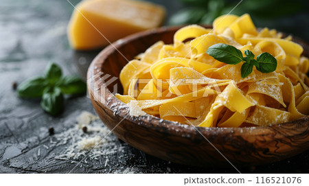 Pasta in wood dish on black background. 116521076