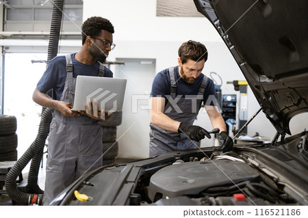 Two mechanics working on car engine with laptop in garage 116521186