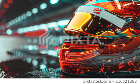 a close-up of a red racing helmet on the racing track 116521268