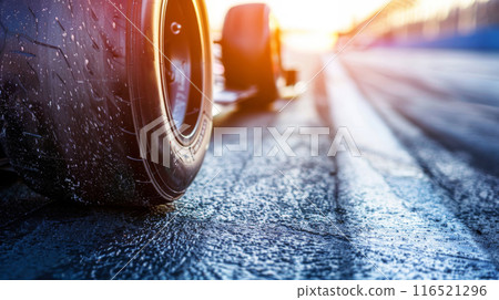 A close-up of a racing car tires skidding on the asphalt. A close-up of a racing car tires skidding on the asphalt. 116521296