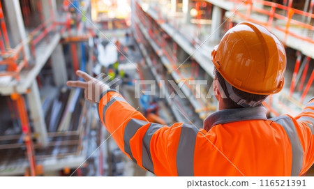 A civil engineer on a construction site pointing at a structure in the distance. 116521391