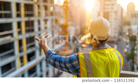 Civil engineer on a construction site, pointing towards a building in the distance. 116521392