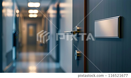 Close-up of nameplate on office door 116521677
