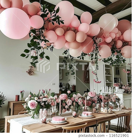 Birthday table decoration with sweets, flowers, candles and pink balloons. Selective focus 116521901