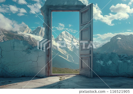 Opened door on mountain. Unknown and start up concept. 116521905