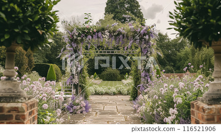 Wedding Ceremony Decorated with Lavender Flowers in the garden. Holiday concept 116521906