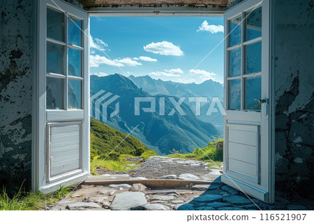 Opened door on mountain. Unknown and start up concept. 116521907