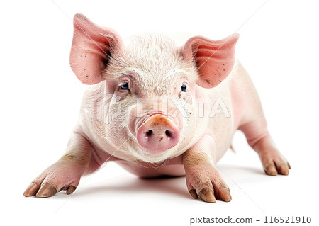 Adorable pink piglet standing on white background staring. Adorable pink piglet standing on white background staring. 116521910