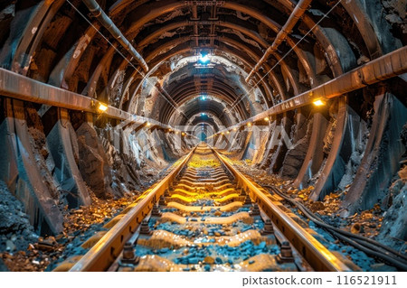 Underground train tunnel illuminated with orange and blue lights in perspective. 116521911