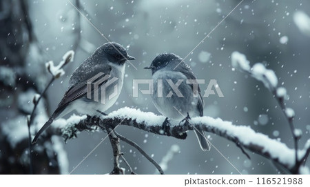 Two beautiful songbird sitting at a tree branch in the winter forest 116521988