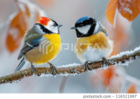 Two beautiful songbird sitting at a tree branch in the winter forest 116521997