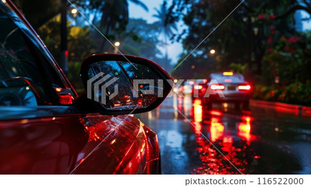 a red car seen through a rearview mirror driving on a wet street at night. 116522000