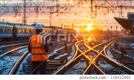 A railroad worker inspecting tracks with a train station backdrop 116522002