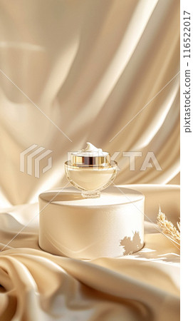 Face cream in a glass jar on a white and gold background. Skin care concept. Backdrop for beauty cosmetic products Face cream in a glass jar on a white and gold background. Skin care concept. Backdrop for beauty cosmetic products 116522017