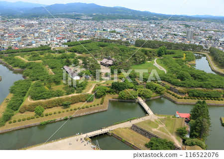 View of the star shaped Goryokaku fort from the Goryokaku tower in Hakodate city in Hokkaido Japan View of the star shaped Goryokaku fort from the Goryokaku tower in Hakodate city in Hokkaido Japan 116522076