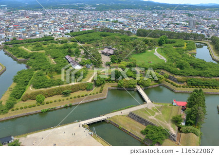 View of the star shaped Goryokaku fort from the Goryokaku tower in Hakodate city in Hokkaido Japan 116522087