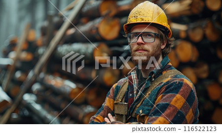 A mature lumberjack with crossed arms, posing in front of piled wooden logs. 116522123