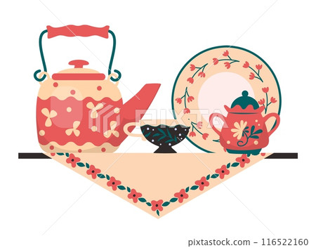 Tea tableware on shelf. Ceramic teapot. Cups with saucers. Kitchen utensil. Home shelving with porcelain mugs and plates. Floral ornament. Kettle on napkin. Vector crockery composition 116522160